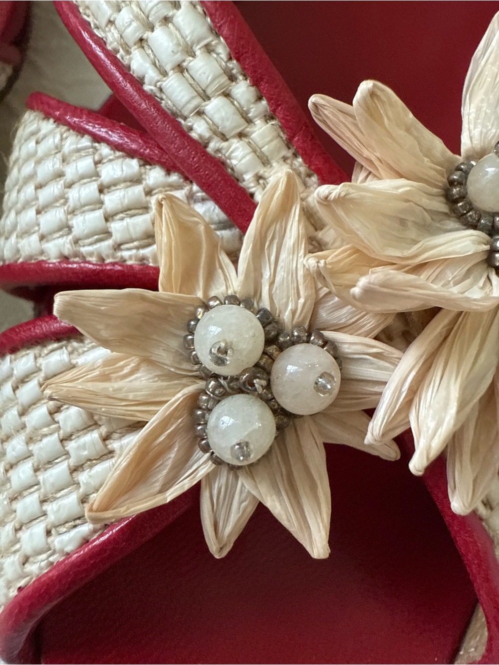 Valentino Garavani Women’s Raffia Floral Slide Mules Red & Beige Size 37 - Picture 7 of 9